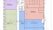 The floor plan shows a ground floor layout with several sections such as storage, entrance, sales and office areas, as well as a waiting area and a warehouse of different sizes. Additionally, a WC is present. Three cars are shown parked outside the buildi