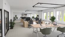 Spacious open-plan office with modern, minimalist design. Large windows provide natural light, and the space is furnished with wooden desks, black office chairs, and hanging light fixtures. Plants and decor elements add a touch of greenery and warmth to t