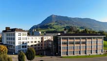 2 building structures, multiple cars parked, green grass and trees, view of a mountain