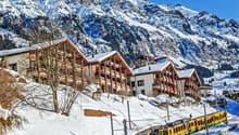 Wooden chalets, snow-covered mountains, yellow train on tracks, winter scenery