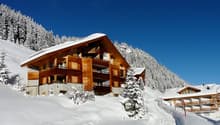 wooden chalet, multiple balconies, snow covered roof, surrounded by snow covered trees