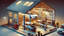 Garage with multiple cars, two on car lifts, tool cabinets, various mechanical tools, shelving, a person working on a car, plants, and parked cars outside.