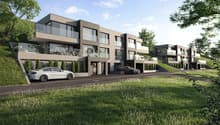 Three story apartment buildings, each with underground garage, balcony, green exterior