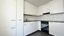 modern kitchen, fully equipped, modern appliances, white cabinets, gray countertops, open shelves