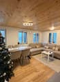Living room with wooden floor, Christmas tree, sofa, table, carpet, dining chairs, coffee table, clock