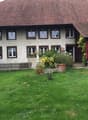 white stucco house, brown tiled roof, many windows, plants, lawn