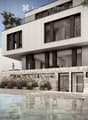 modern two-story house, white exterior, glass windows, stone wall, swimming pool, wooden terrace, woman sitting