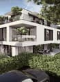 Modern 2-story house, white exterior, large windows, balcony, garden, lounge chairs, trees, cars parked