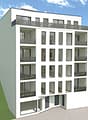 5 story white building, curved bottom, balcony on every floor, large windows
