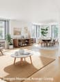 open plan living room and dining area, wooden floor, large windows, modern furniture, plants, kitchen island