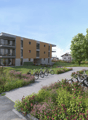 Modern apartment building with balconies, surrounded by greenery and flowers, bicycles parked in front