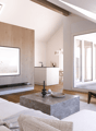 Living room with sky windows, large flat screen TV, white couch, white coffee table, white carpet, glass sliding doors