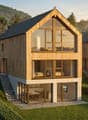modern wooden house, raised ground floor, large windows, green surroundings, mountain view