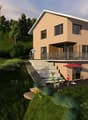 two story house with beige walls, several windows, glass balcony, steps to entrance, small garden in front, a couple and child standing on the steps, a dog, a red car
