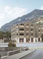 Modern apartment building with wooden facade, 5 stories, balcony, large windows, mountains in the background