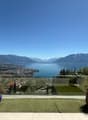 Outdoor terrace with a view of the lake and mountains, glass railing, potted plants, green grass