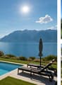 Villa with swimming pool, lake view, terrace, two lounge chairs, green grass, umbrella, potted plant
