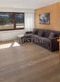 living room with wooden floor, wooden couch, wooden table, wooden chairs, wooden lamp, TV, wooden cabinet, wooden window curtains, wooden wall