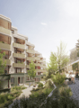 Several multi-story residential buildings with balconies, a park with people and children.