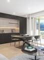 modern kitchen with dining table, balcony with table and chairs, large windows, couch, round table, open shelves