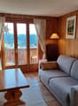 Cozy living room with wooden paneled walls, large windows with a balcony/terrace view, a gray sofa, a wooden coffee table, and a bookshelf with various books and decor items.
