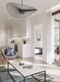 living room with dining room and kitchenette, sofa, armchair, coffee table, dining table, kitchen, glass balcony doors, balcony