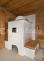 wooden walls, wooden door, white fireplace, wooden bench, wooden table