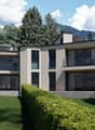 3 story house, white walls, large windows, terrace, garden, view of the mountains