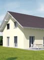 Single-family house, beige exterior, brown roof, large windows, patio with table and chairs, car parked in front