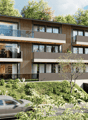 3-story modern apartment building with wood and glass facade, balconies, and a garage on the ground level. The building is surrounded by lush greenery and trees.
