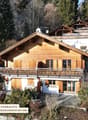 Detached wooden chalet, gable roof, raised ground floor, balcony, surrounding by trees