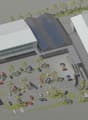 Corporate building, large parking area, solar panels, multiple entrances