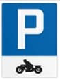 Blue and white parking sign with 'P' for parking and motorcycle icon