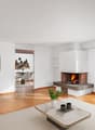 modern style, fireplace, large white sofa, carpet, lamp, center table, decorative plants