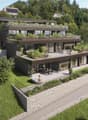 modern house, raised ground floor, multiple terraces, green roof, surrounded by greenery