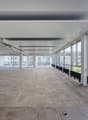 Empty office space with large windows, grey carpet flooring, white ceiling, wooden floor, radiators, support columns.