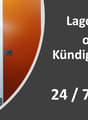 The image shows a storage facility with multiple orange storage units. The text indicates that this is a storage space without a termination notice period and with 24/7 access.