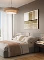 Large bedroom with bed, nightstands, lamps, and decorative rug, gray walls, sliding windows, balcony with railing, white curtains