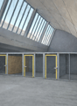 Parking garage, concrete walls, metal doors, grey flooring, large windows