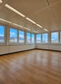 large room, wooden floor, large windows, bright