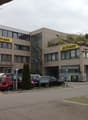 Commercial building with multiple signs reading 'LEUTHHARD', several cars parked in front, two trash bins, building has large windows, and paved surface