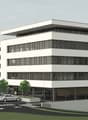 Modern office building with glass facade, multiple floors, parking area, trees, and a signboard with various logos