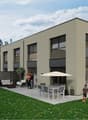 Modern two-story house with a terrace, large windows, and a well-maintained garden