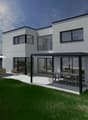 Modern 2 story house, white exterior, black railings, raised ground floor, large windows, patio with a table and chairs, balcony, open plan living space, outdoor umbrella