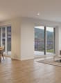 modern living room with wooden floor, large windows, balcony, dining table, couch, coffee table, rug