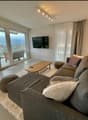 modern living room, grey sofa, wooden coffee table, beige rug, panoramic windows, terrace with chairs and tables