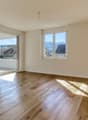 large open room, wooden floor, three windows, sliding glass doors leading to balcony, panoramic view of mountains