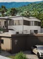 2-story modern house with a car garage and outdoor balcony with seating area
