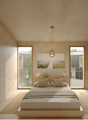elevated wooden bed, decorative pillows, ceiling lamp, decorative frame on wall, wooden floor, balcony