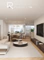 modern living room with white walls, wooden floor, large windows, couch, table, television